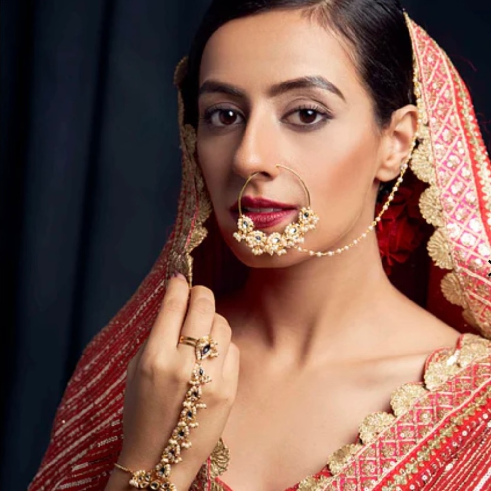 Gold and Pearl Bridal Nath Nose Ring